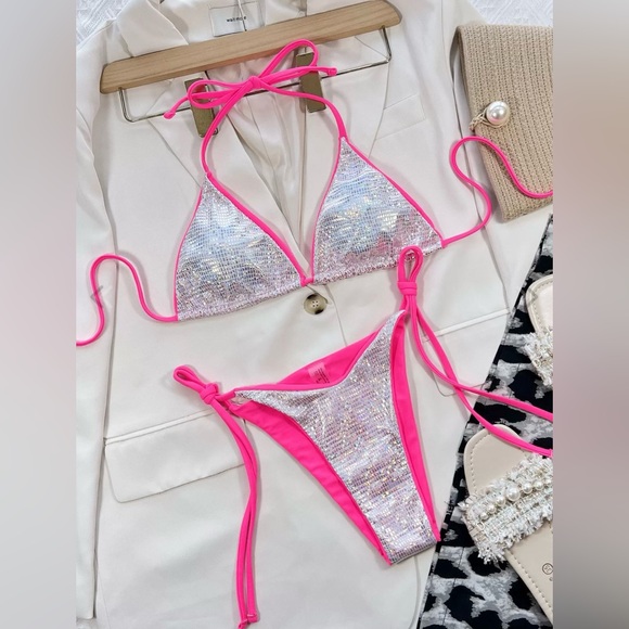 Solid Glitter Tie Bow Bikini Set....Color:
Silver....Swimwear - Picture 2 of 4